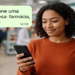 Mulher digitando despesa no celular enquanto faz compras em farmácia movimentada