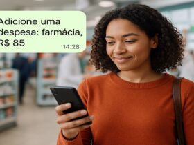 Mulher digitando despesa no celular enquanto faz compras em farmácia movimentada