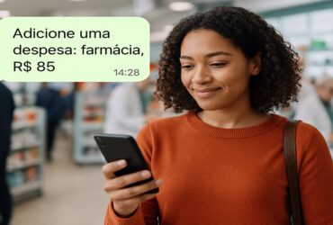 Mulher digitando despesa no celular enquanto faz compras em farmácia movimentada