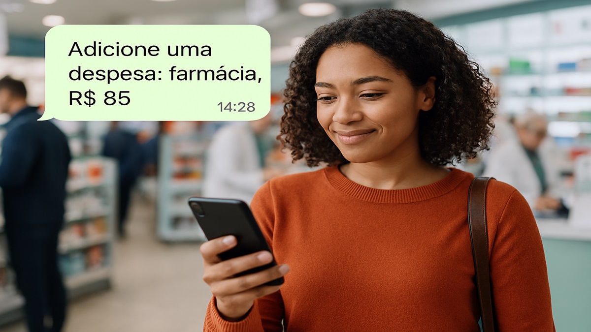 Mulher digitando despesa no celular enquanto faz compras em farmácia movimentada